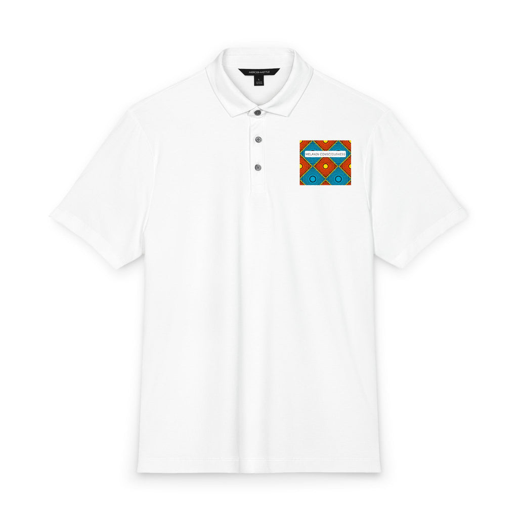 Men's White Polo with Colorful Tribal Chest Patch — Mercer+Mettle Stretch Jersey