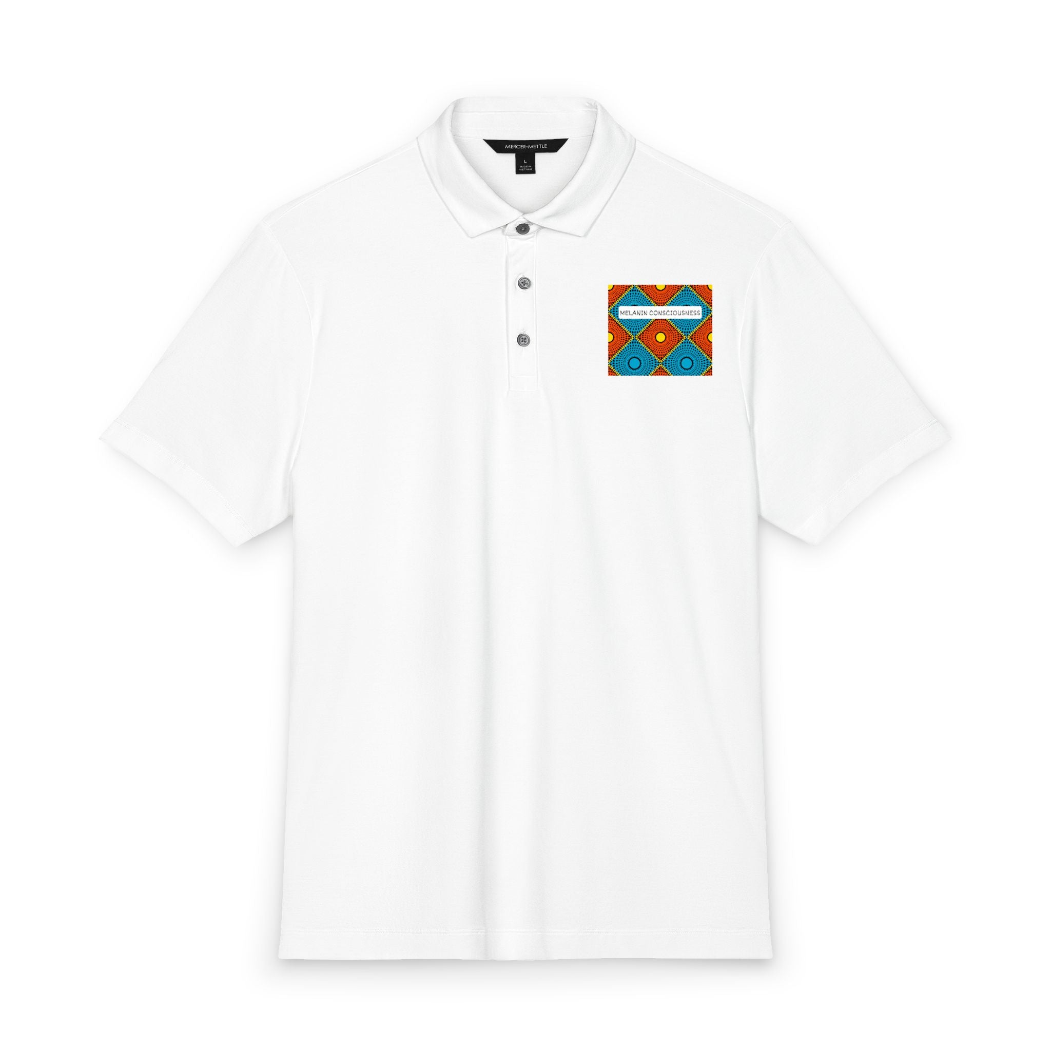 Men's White Polo with Colorful Tribal Chest Patch — Mercer+Mettle Stretch Jersey