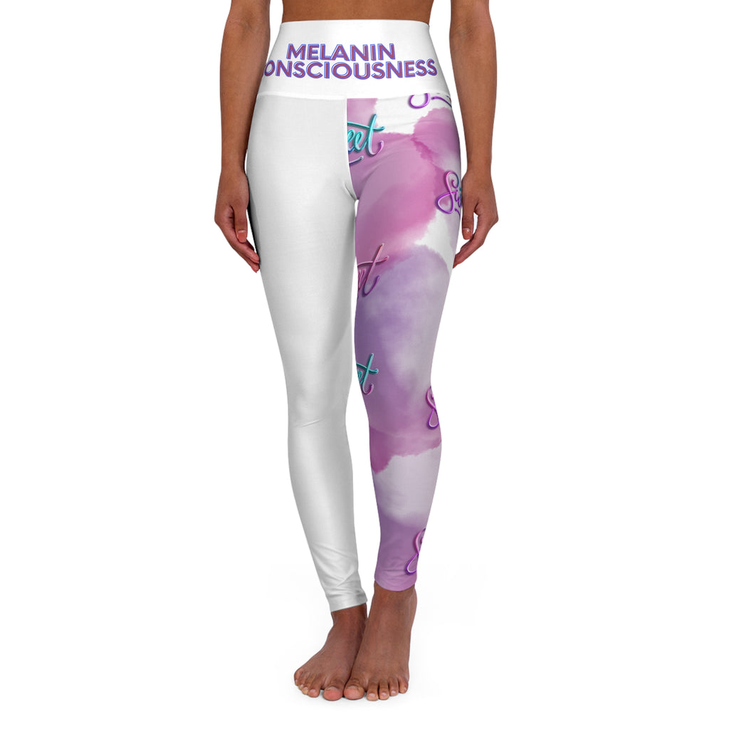 Melanin Consciousness High-Waist Yoga Leggings — Purple Cloud Script AOP