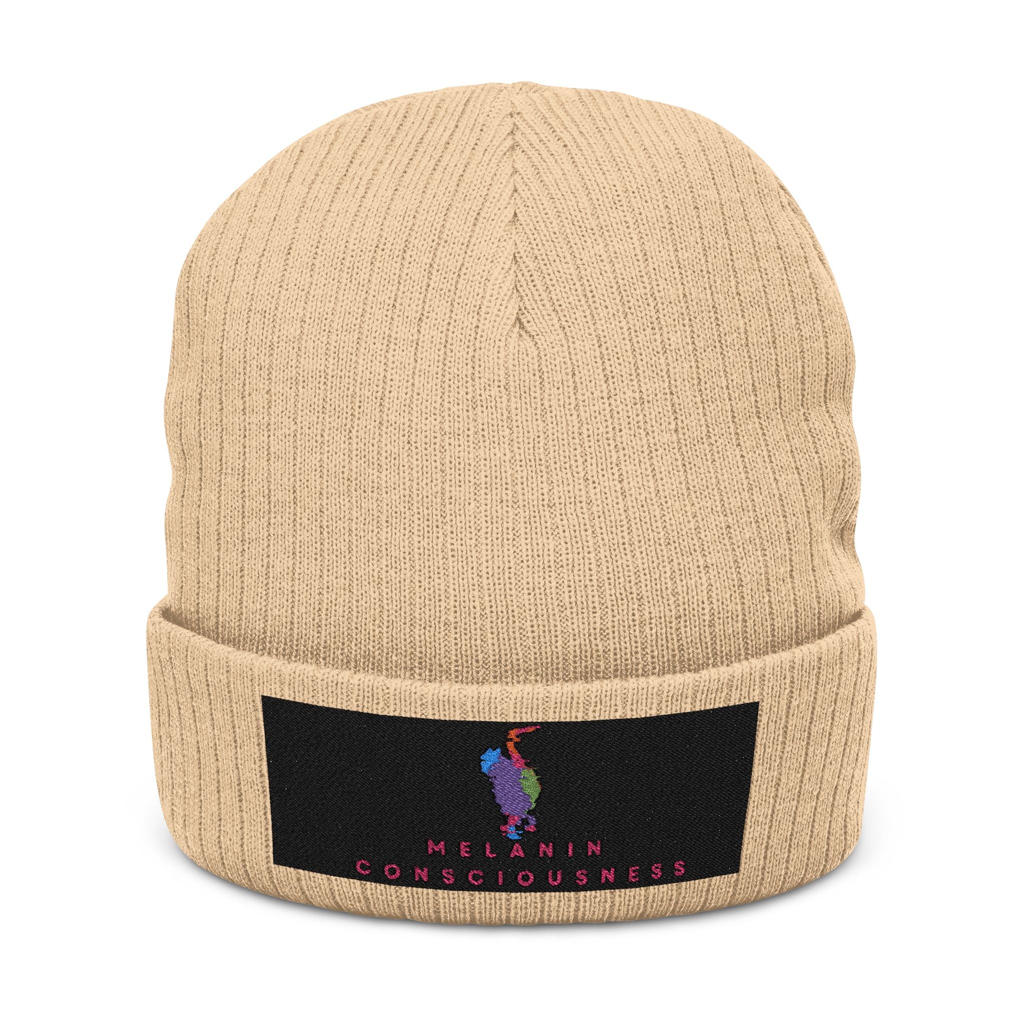 Embroidered 'Melanin & Consciousness' Ribbed Knit Beanie — Black Cuffed Winter Hat