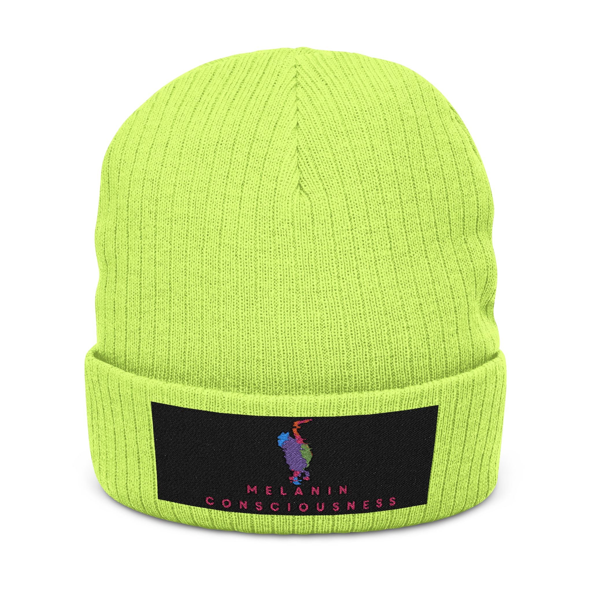 Embroidered 'Melanin & Consciousness' Ribbed Knit Beanie — Black Cuffed Winter Hat
