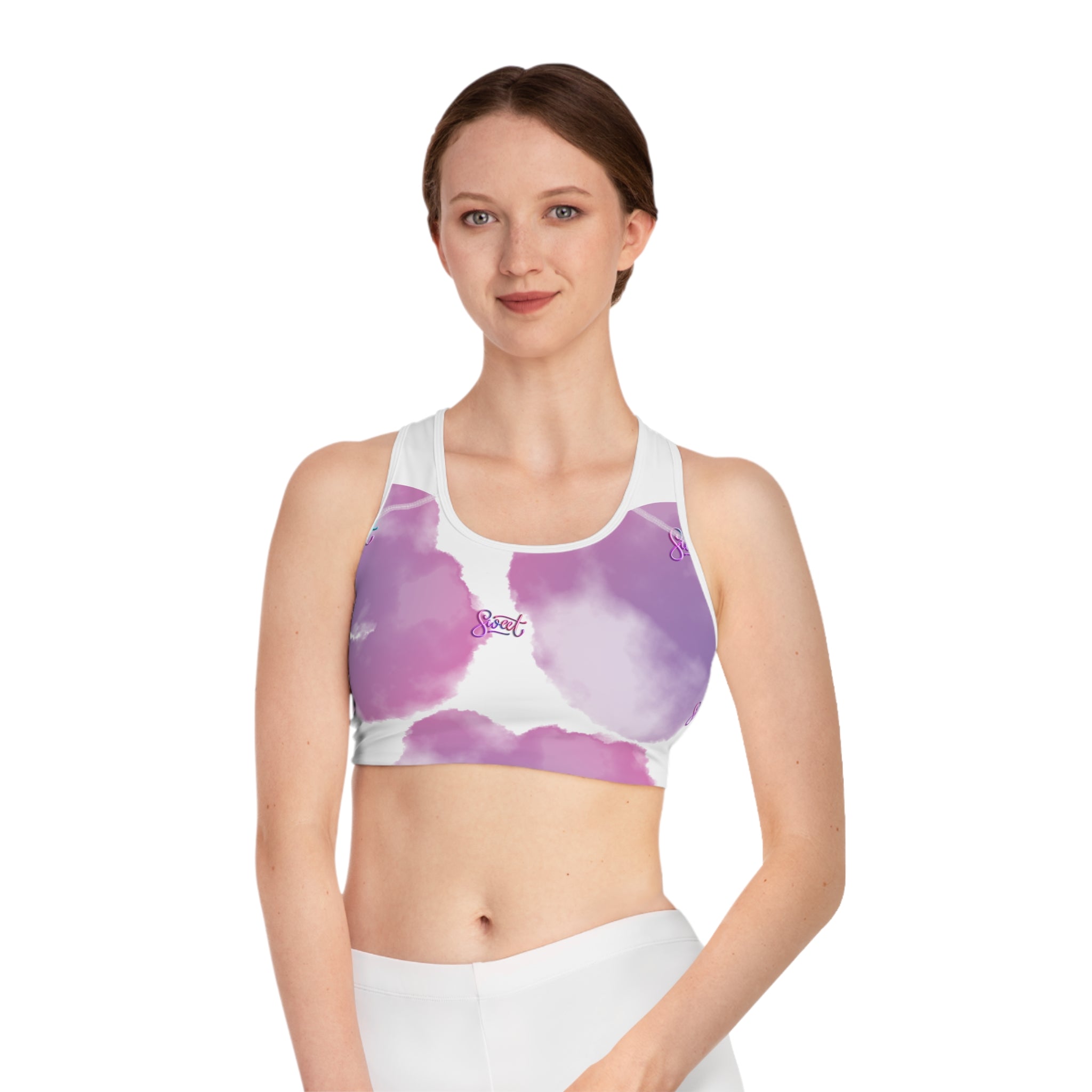 Pastel Cloud Sports Bra — "Sweet" All-Over Print Activewear