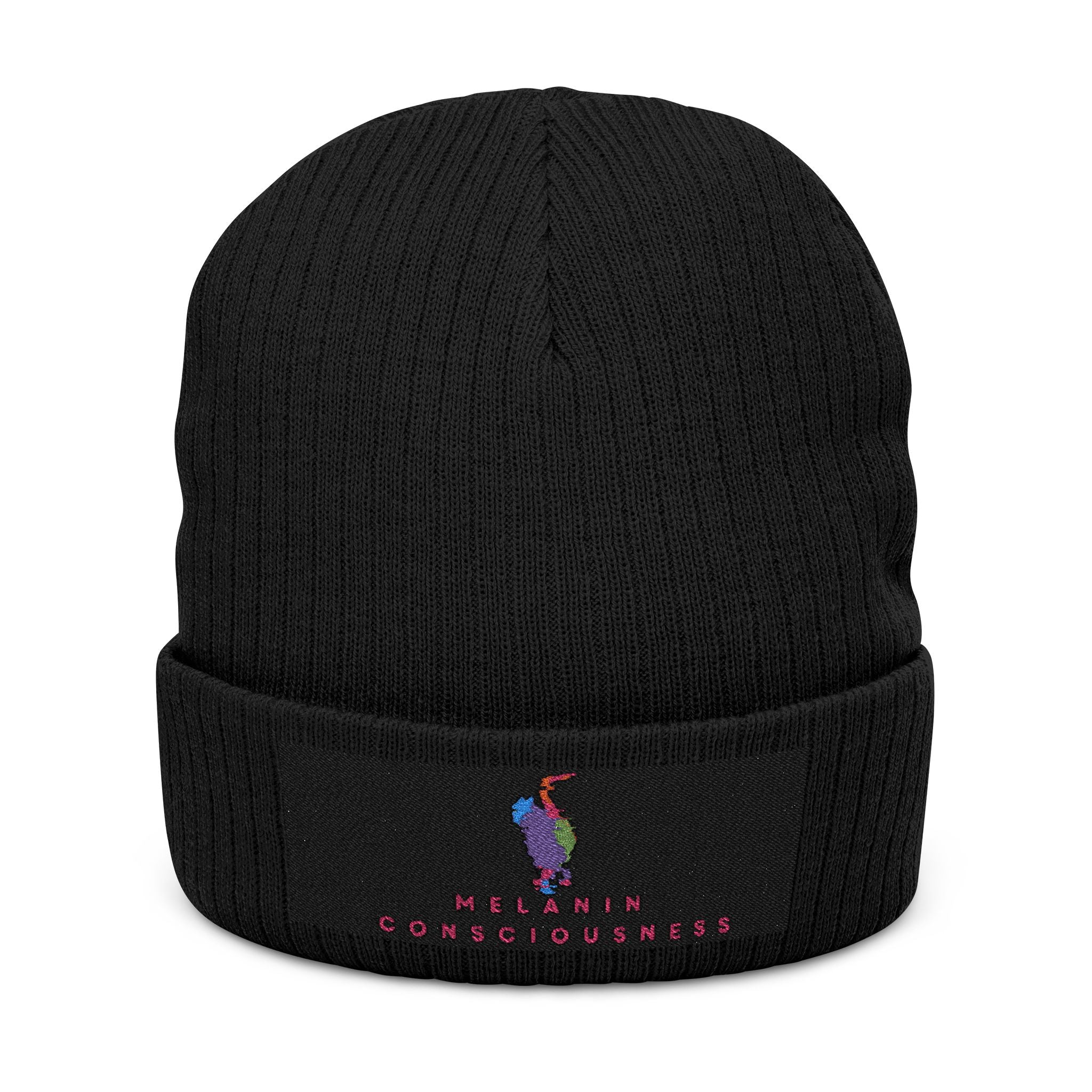 Embroidered 'Melanin & Consciousness' Ribbed Knit Beanie — Black Cuffed Winter Hat