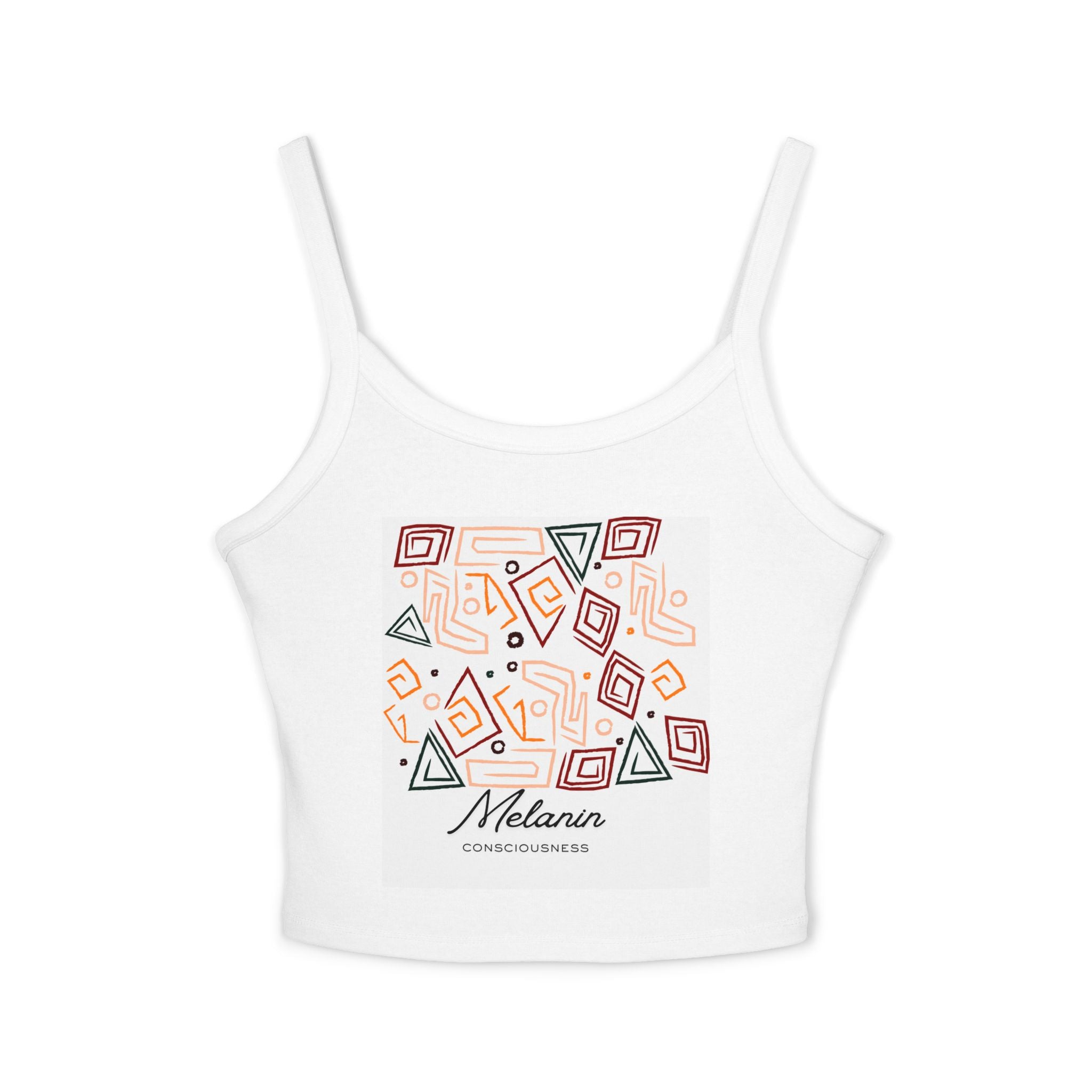 Melanin Consciousness Spaghetti Tank — Women’s Crop Tank Top with Afrocentric Geometric Art