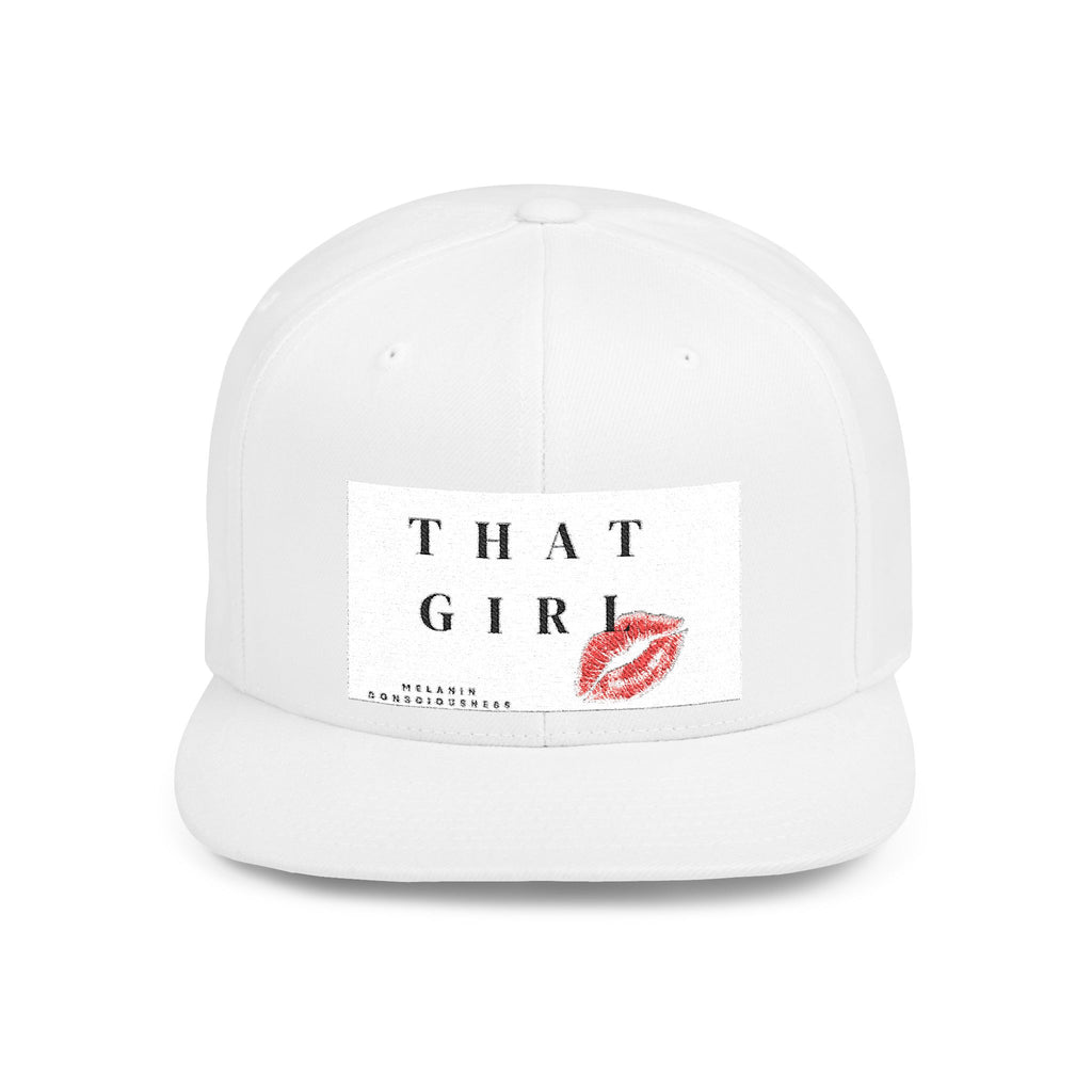 Snapback Hat — "That Girl" Lip Print Flat Bill Cap